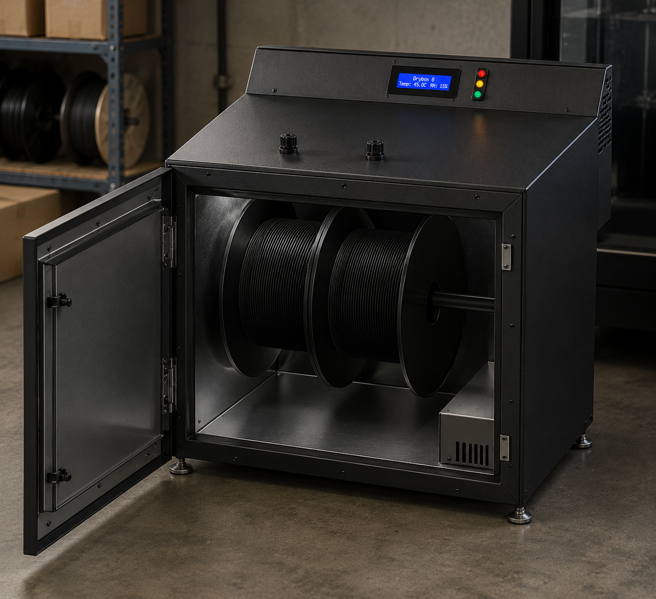 PolymerDry Compact industrial drying system with open door showing two large engineering polymer spools for additive manufacturing.