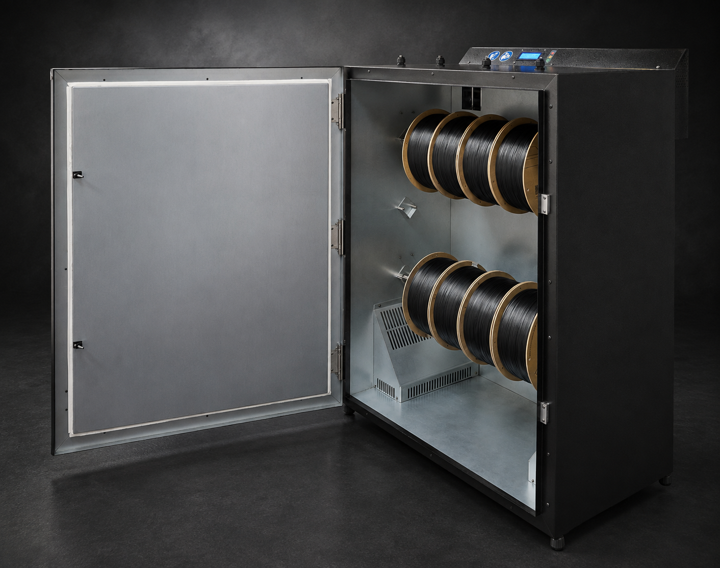 PolymerDry Industrial drying cabinet with open door showing storage for up to ten engineering polymer spools and multiple material feed-throughs for additive manufacturing.